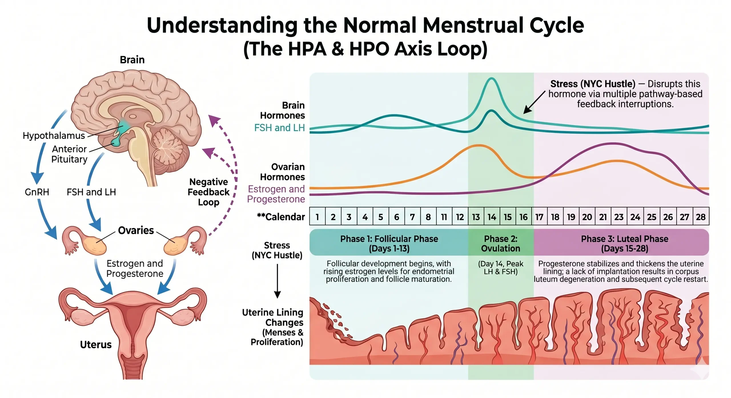 Normal menstrual cycle hormone regulation diagram showing estrogen progesterone ovulation and HPA HPO axis by drs2health