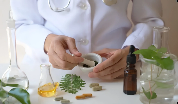Healthcare professional preparing wellness support solutions at DRS2Health