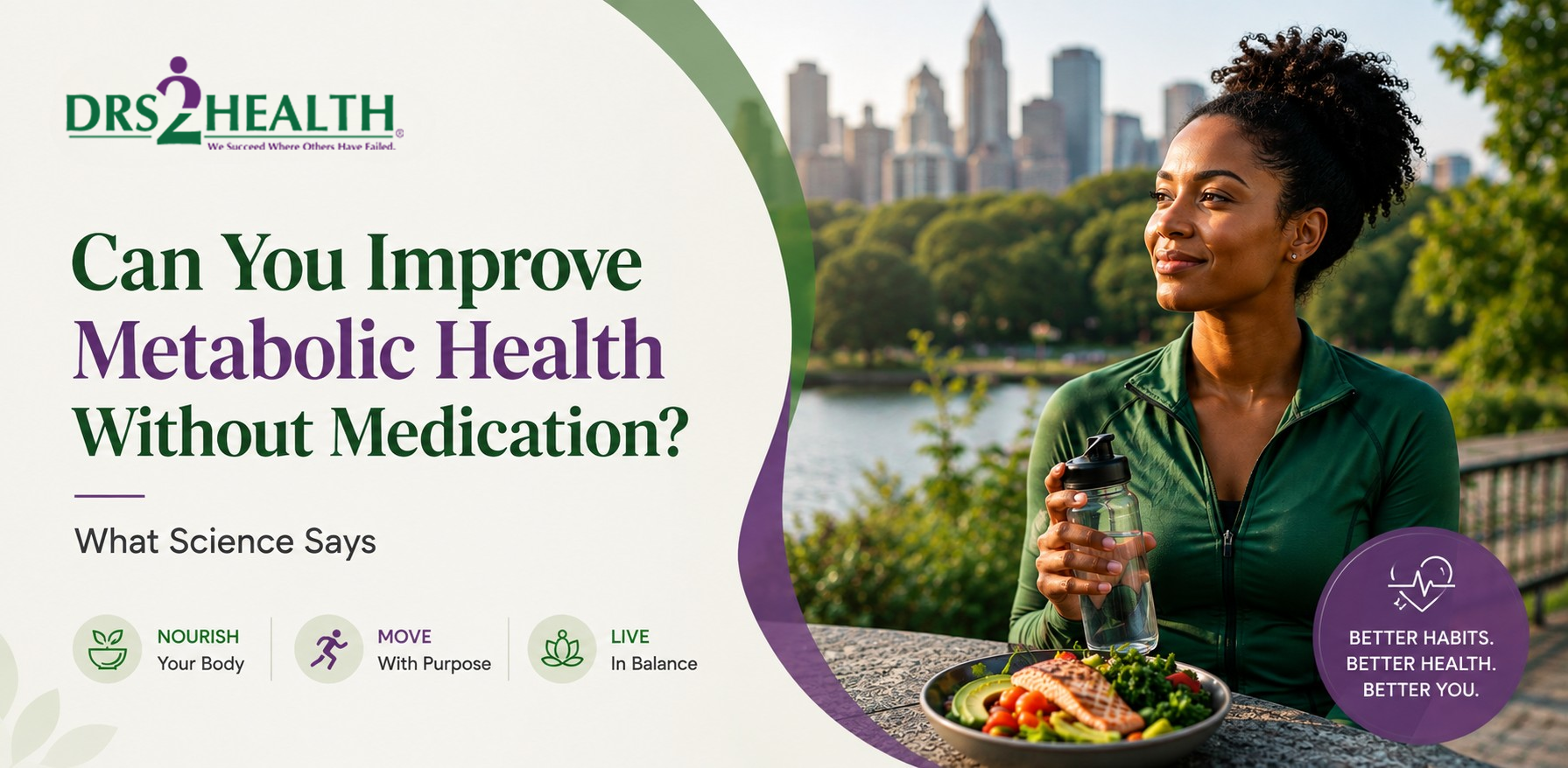 Woman following a healthy lifestyle with nutritious food and water while learning how to improve metabolic health naturally without medication